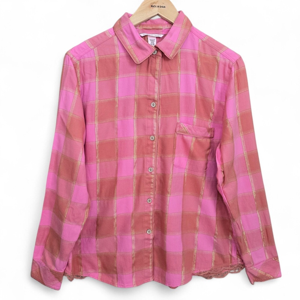 Victorias Secret Pajama Top Womens Medium Pink Plaid Button Up Flannel Shimmer
